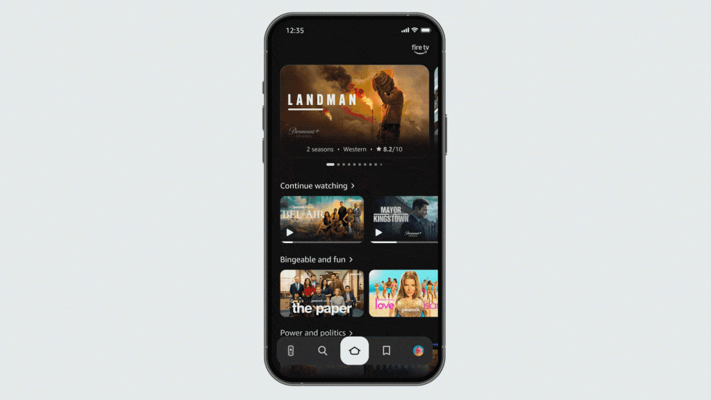 A GIF showing the 2026 revamp of the Amazon Fire TV mobile app
